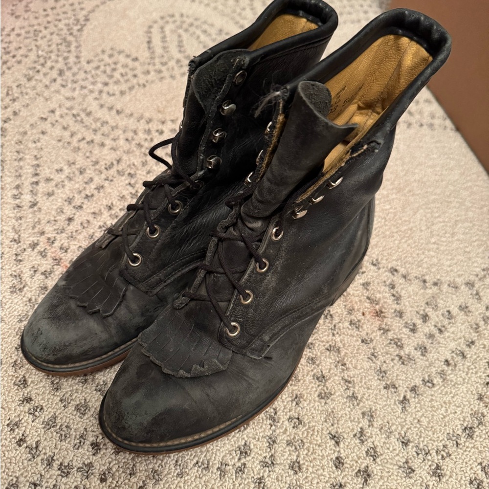 Vintage Black Lace-Up Leather Boots